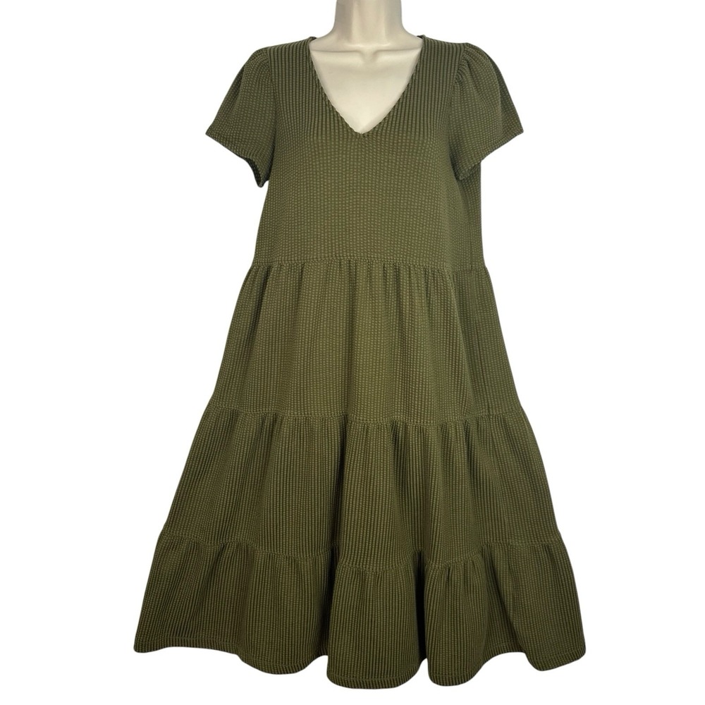 Madewell Olive Green Waffle Knit Tiered Midi Dress Small V Neck Cotton Blend